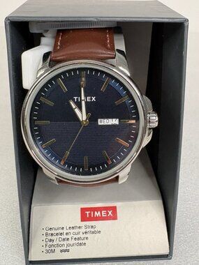 Men's Timex Dress Quartz Blue Dial Day Date Watch Leather Strap TW2V79200